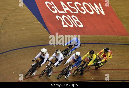 Belgian cyclist Nicky Degrendele (2nd L) pictured in action during the first round of the women's Keirin track cycling discipline at the European Championships, in Glasgow, Scotland, Tuesday 07 August 2018. European championships of several sports will be held in Glasgow from 03 to 12 August. BELGA PHOTO ERIC LALMAND Stock Photo
