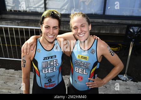 Belgian triathlete Claire Michel and Belgian triathlete Valerie Barthelemy pictured after they finished the women's triathlon event at the European Championships, in Glasgow, Scotland, Thursday 09 August 2018. European championships of several sports will be held in Glasgow from 03 to 12 August. BELGA PHOTO ERIC LALMAND  Stock Photo