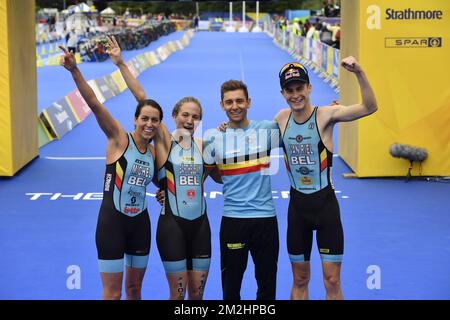 Belgian triathlete Claire Michel, Belgian triathlete Valerie Barthelemy, Belgian triathlete Jelle Geens and Belgian triathlete Marten Van Riel celebrate their bronze medal at the Mixed Team Relay triathlon event at the European Championships, in Glasgow, Scotland, Saturday 11 August 2018. European championships of several sports will be held in Glasgow from 03 to 12 August. BELGA PHOTO ERIC LALMAND  Stock Photo