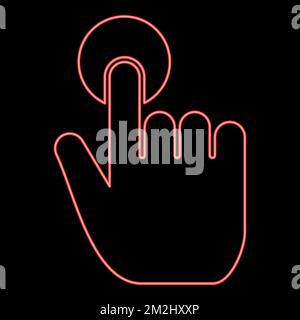 Neon click hand Touch of hand Finger click on screen surface red color vector illustration image flat style light Stock Vector