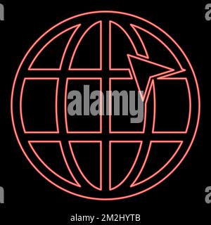 Neon arrow on earth grid Globe internernet concept Click arrow on website Idea using website red color vector illustration image flat style light Stock Vector