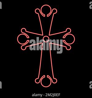 Neon four pointed cross drop shaped Cross monogram Religious cross red color vector illustration image flat style light Stock Vector