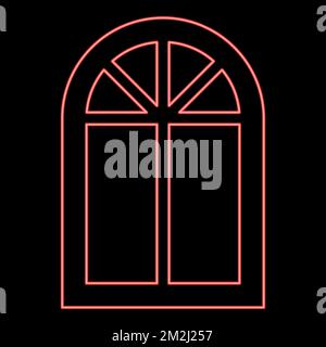 Neon window frame semi-round at the top Arch window red color vector illustration image flat style light Stock Vector