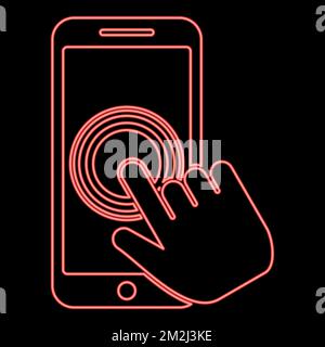 Neon click on touch screen smartphone Modern smartsphone with hand clicking on screen Finger click on mobile phone Action in apps cellphone Using Stock Vector
