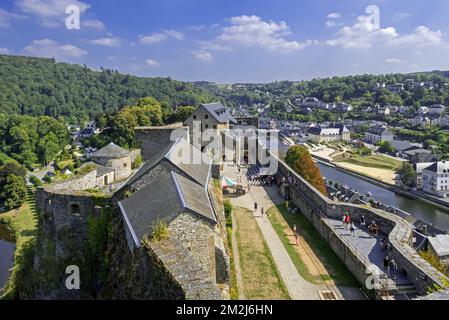Aerial view over the Château de Bouillon Castle, the city center and the Semois river, Luxembourg Province, Belgian Ardennes, Belgium | Vue aérienne sur le Château de Bouillon, le Semois et la ville de Bouillon en été, Luxembourg, Ardennes, Belgique 28/08/2018 Stock Photo