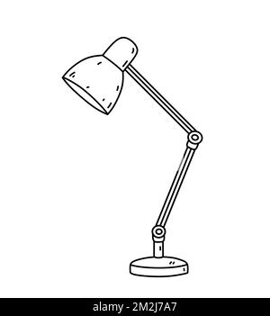 Table lamp isolated on white background. Interior item for lighting a room, office. Vector hand-drawn doodle illustration. Perfect for decorations, logo, various designs. Stock Vector