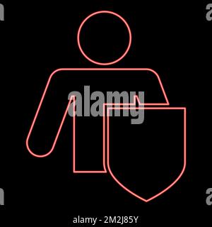 Neon stick man with shield Protecting personal data concept Man holding shield for reflecting attack Protected from attack idea red color vector Stock Vector