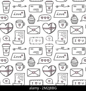 Cute seamless pattern for Valentines Day with arrows, love letters, envelopes, cupcakes, chocolates and coffee. Vector hand-drawn doodle illustration. Perfect for holiday designs, decor, wrapping. Stock Vector