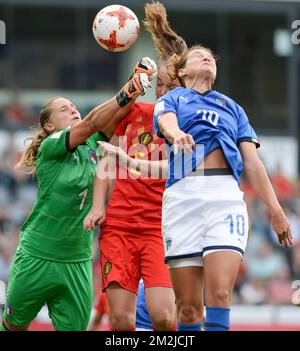 Italy's goalkeeper Laura Giuliani, Belgium's Tine De Caigny and Italy's Cristiana Girelli pictured in action during a soccer game between Belgium's national team the Red Flames and Italy, Tuesday 04 September 2018, in Leuven, the eighth and last qualification games for the women's 2019 World Cup. BELGA PHOTO DAVID CATRY Stock Photo