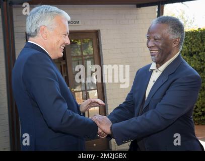 South Africa Former President Thabo Mbeki (R) talks to Vice-Prime Minister and Foreign Minister Didier Reynders on the fifth day of a diplomatic visit of the Belgian Foreign Minister to various African countries, Monday 10 September 2018 in Pretoria, South Africa. BELGA PHOTO BENOIT DOPPAGNE Stock Photo
