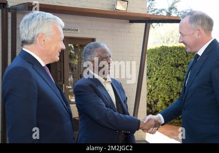 South Africa Former President Thabo Mbeki (C) talks to Vice-Prime Minister and Foreign Minister Didier Reynders (L) and Belgian Ambassador to South Africa Didier Vanderhasselt on the fifth day of a diplomatic visit of the Belgian Foreign Minister to various African countries, Monday 10 September 2018 in Pretoria, South Africa. BELGA PHOTO BENOIT DOPPAGNE Stock Photo