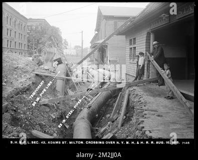 Distribution Department, Southern High Service Pipe Lines, Section 43, crossing over New York, New Haven & Hartford Railroad at Adams Street, Milton, Mass., Aug. 16, 1915 , waterworks, pipes conduits, construction sites Stock Photo