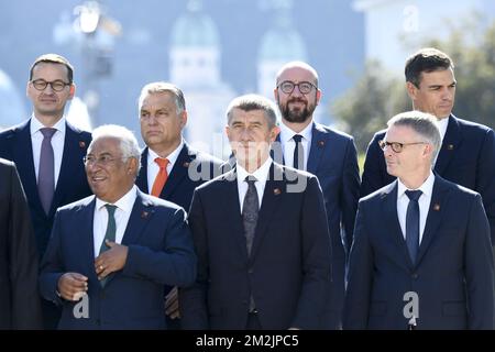 (1st row) Portugal's Prime Minister Antonio Costa, Czech Republic's Prime Minister Andrej Babis and European Council Secretary-General Jeppe Tranholm-Mikkelsen and (back row) Poland's Prime Minister Mateusz Morawiecki, Hungary's Prime Minister Viktor Orban, Belgium's Prime Minister Charles Michel and Spain's Prime Minister Pedro Sanchez pose for a family portrait during an informal summit of heads of state or government, in Salzburg, Austria Thursday 20 September 2018. Toppics that will be discussed at the summit include migration and trade. BELGA PHOTO DIRK WAEM Stock Photo