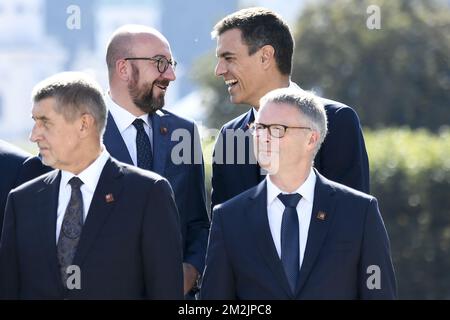 (1st row) Czech Republic's Prime Minister Andrej Babis and European Council Secretary-General Jeppe Tranholm-Mikkelsen and (back row) Belgium's Prime Minister Charles Michel and Spain's Prime Minister Pedro Sanchez pose for a family portrait during an informal summit of heads of state or government, in Salzburg, Austria Thursday 20 September 2018. Toppics that will be discussed at the summit include migration and trade. BELGA PHOTO DIRK WAEM Stock Photo