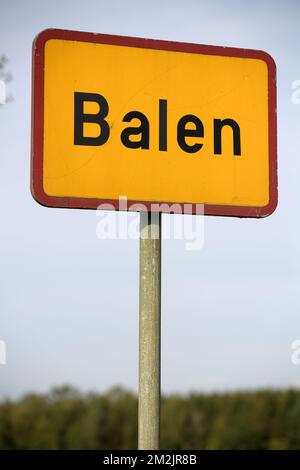 Illustration shows the name of the Balen municipality on a road sign, Friday 21 September 2018. BELGA PHOTO YORICK JANSENS Stock Photo