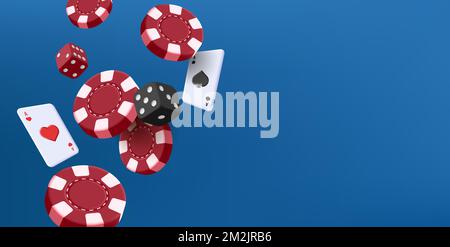 Gamblig cards dices and chips flying in the air, casino 3d render composition Stock Vector