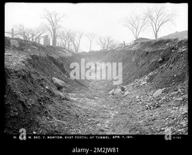 Distribution Department, Weston Aqueduct Supply Mains, Section 7, east portal of tunnel, Newton, Mass., Apr. 7, 1911 , waterworks, water tunnels, construction sites Stock Photo