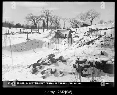 Distribution Department, Weston Aqueduct Supply Mains, Section 7, east portal of tunnel, Newton, Mass., Feb. 23, 1911 , waterworks, water tunnels, construction sites Stock Photo