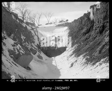 Distribution Department, Weston Aqueduct Supply Mains, Section 7, east portal of tunnel, Newton, Mass., Feb. 23, 1911 , waterworks, water tunnels, construction sites Stock Photo