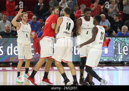 Charleroi's players celebrate during the return leg basketball match between Spirou Charleroi and Hapoel Tel Aviv, in the first round of qualifications of Basketball Champions League, Monday 24 September 2018 in Charleroi. BELGA PHOTO BRUNO FAHY Stock Photo