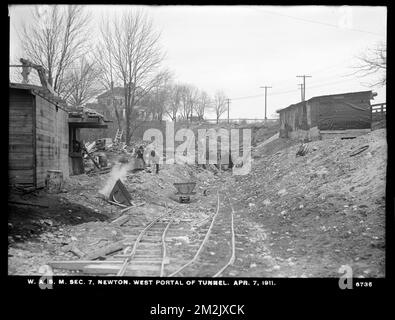 Distribution Department, Weston Aqueduct Supply Mains, Section 7, west portal of tunnel, Newton, Mass., Apr. 7, 1911 , waterworks, water tunnels, construction sites Stock Photo