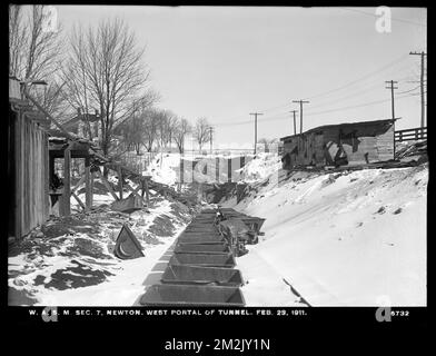 Distribution Department, Weston Aqueduct Supply Mains, Section 7, west portal of tunnel, Newton, Mass., Feb. 23, 1911 , waterworks, water tunnels, construction sites Stock Photo