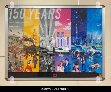 tokyo, japan - oct 29 2022: Japanese railway poster designed with manga characters and bullet trains illustrations to celebrate the 150th anniversary Stock Photo