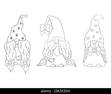 A set of cartoon Christmas gnomes girls for coloring books. Linear design for children's coloring pages. Stock Vector