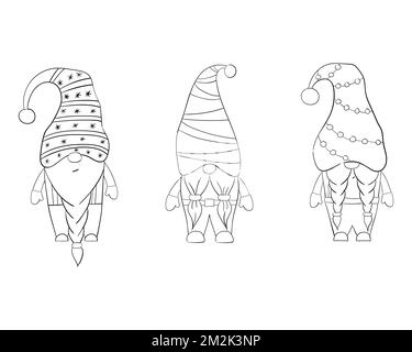 A set of cartoon Christmas gnomes for a coloring book. Linear design for children's coloring pages. Stock Vector