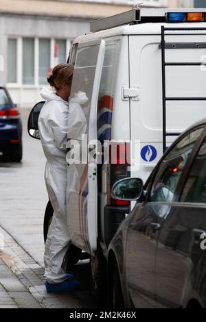 Illustration shows forensic police on the spot of the student house (around 30 rooms) called Vlaskot, in the Oude Vestingstraat street in Kortrijk, where a dead body was found in the elevator, Monday 01 October 2018. BELGA PHOTO KURT DESPLENTER Stock Photo