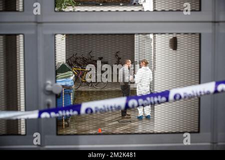 Illustration shows forensic police on the spot of the student house (around 30 rooms) called Vlaskot, in the Oude Vestingstraat street in Kortrijk, where a dead body was found in the elevator, Monday 01 October 2018. BELGA PHOTO KURT DESPLENTER Stock Photo