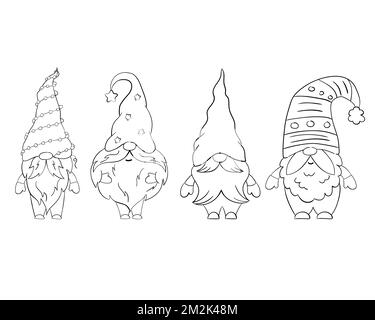 A set of cartoon Christmas gnomes for a coloring book. Linear design for children's coloring pages. Stock Vector