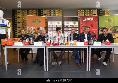 CEO DOMO Electro Wim De Voeght, CEO Cibel Cebon Achiel De Witte, Belgian Wout Van Aert, CEO Cibel Cebon Jurgen De Witte, CEO G&V Energy Group Xavier De Wulf and Manager Jef Van Den Bosch pictured during a press conference of cyclocross world champion to present his new cyclocross team, Friday 05 October 2018 in Sint-Katelijne-Waver. Wout van Aert resigned from his team Verandas Willems-Crelan earlier this week, his new team is called Cibel-Cebon Offroad. BELGA PHOTO DIRK WAEM Stock Photo