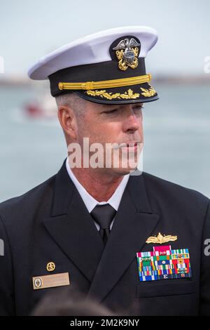 USS Normandy Commanding Officer Captain Chris Stone pictured during a visit to the USS Normandy guided-missele cruiser of the US Navy, in the harbor of Zeebrugge, Monday 08 October 2018. BELGA PHOTO KURT DESPLENTER Stock Photo