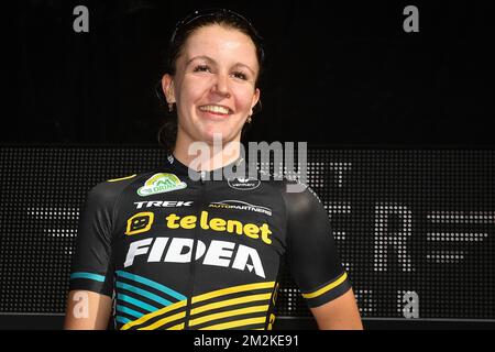 Dutch Fleur Nagengast pictured on the podium after the women's race at the first stage of the Superprestige cyclocross cycling competition, in Gieten, Netherlands, Sunday 14 October 2018. BELGA PHOTO DAVID STOCKMAN Stock Photo