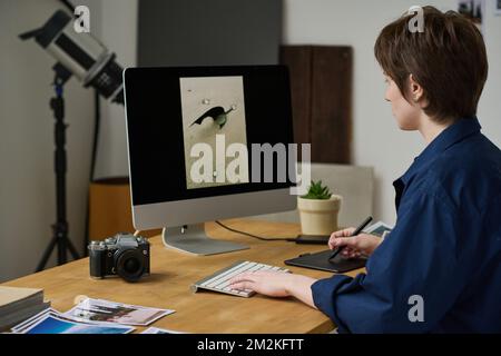 Young graphic designer using digital tablet to retouch photo on computer monitor Stock Photo