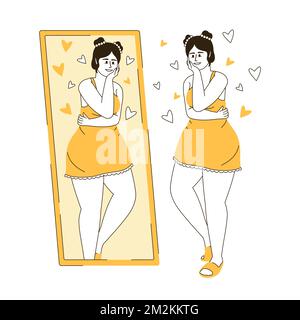 Pretty woman looking in mirror flat color linear vector character Stock Vector