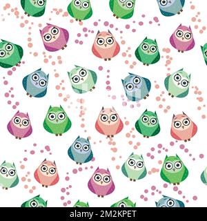 Cute multicolored owls and flowers in cartoon style, childish seamless pattern, newborn. Creative childish background for fabric, textile or wrapping Stock Vector