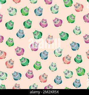 Cute multicolored owls and flowers in cartoon style, childish seamless pattern, newborn. Creative childish background for fabric, textile or wrapping Stock Vector