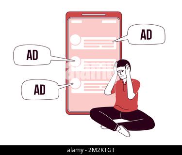 Man overwhelmed by ads flat concept vector illustration Stock Vector