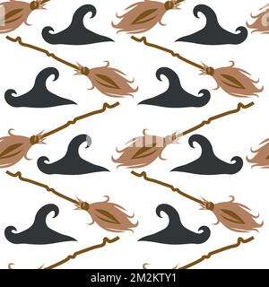 Witches school of magical objects seamless pattern in flat style. Broom, candle, skull, zipper, scarf, hat, potion, glasses knife Stock Vector