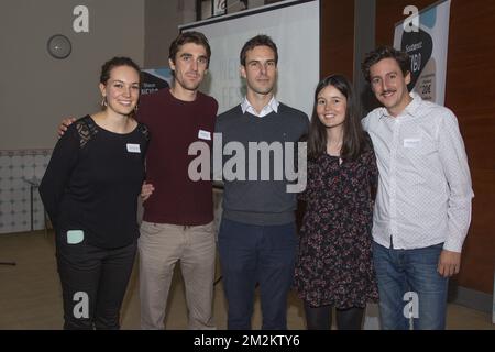 Charlotte Van Calster, Martin Francois, Quentin Verstappen, Noemi Grandjean and Christophe Marquez pose for the photographer during the launch of Belgium's first cooperative mobile telephony company, in Brussels, Saturday 27 October 2018. BELGA PHOTO HATIM KAGHAT Stock Photo