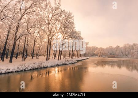 Dream winter forest on the river at sunset. Panoramic landscape with snowy trees, sun, beautiful frozen river with reflection in water. Seasonal Stock Photo