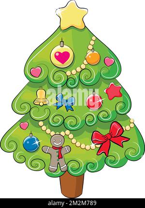 Decorated Christmas tree with star, balls and beaded garland, isolated on white background. New Year and Merry Christmas greeting card, poster, icon. Vector illustration in cartoon style.  Stock Vector