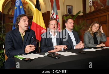 Future Charleroi Ecolo elderman Xavier Desgain, Charleroi's mayor Paul Magnette, Future Charleroi C+ elderman Eric Goffart and Future Charleroi PS elderwoman Julie Patte pictured during a press conference of Charleroi new majority after last month local elections, Monday 12 November 2018, in Charleroi city hall. BELGA PHOTO VIRGINIE LEFOUR Stock Photo