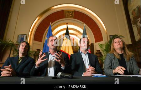 Future Charleroi Ecolo elderman Xavier Desgain, Charleroi's mayor Paul Magnette, Future Charleroi C+ elderman Eric Goffart and Future Charleroi PS elderwoman Julie Patte pictured during a press conference of Charleroi new majority after last month local elections, Monday 12 November 2018, in Charleroi city hall. BELGA PHOTO VIRGINIE LEFOUR Stock Photo