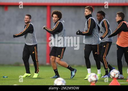 Belgium's Dries Mertens, Belgium's Axel Witsel and Belgium's Adnan Januzaj pictured during a training session of Belgian national team the Red Devils, in Tubize, Tuesday 13 November 2018. Belgium is preparing for two Nation League matches, against Iceland and Switzerland. BELGA PHOTO BRUNO FAHY Stock Photo