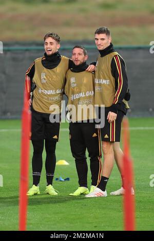 Belgium's Adnan Januzaj, Belgium's Dries Mertens and Belgium's Thomas Meunier pictured during a training session of Belgian national team the Red Devils, in Tubize, Wednesday 14 November 2018. Belgium is preparing for two Nation League matches, starting with Iceland tomorrow and later Switzerland. BELGA PHOTO BRUNO FAHY Stock Photo