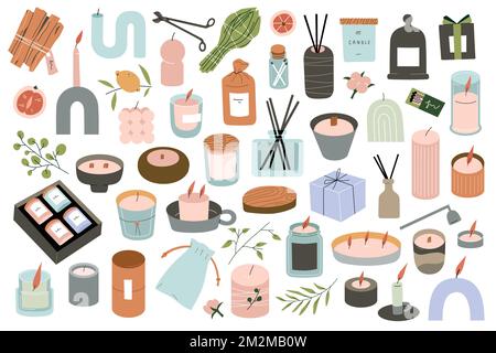 Various scented candles, modern burning perfumed candles, palo santo and sage, home aromatherapy objects, vector illustrations Stock Vector