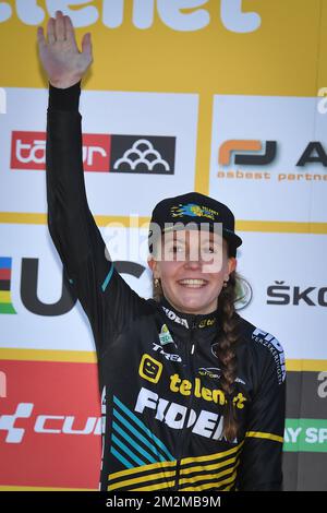 Dutch Fleur Nagengast pictured on the podium after the women's elite race of the 'Cyclocross Gavere' cyclocross cycling event, the fourth stage of the Superprestige competition, Sunday 11 November 2018 in Gavere. BELGA PHOTO DAVID STOCKMAN Stock Photo